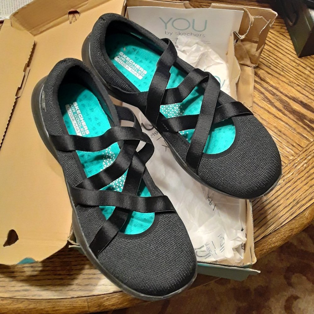 Skechers Black Slip-On Mary Jane Sneakers - Cross-Strap Comfort